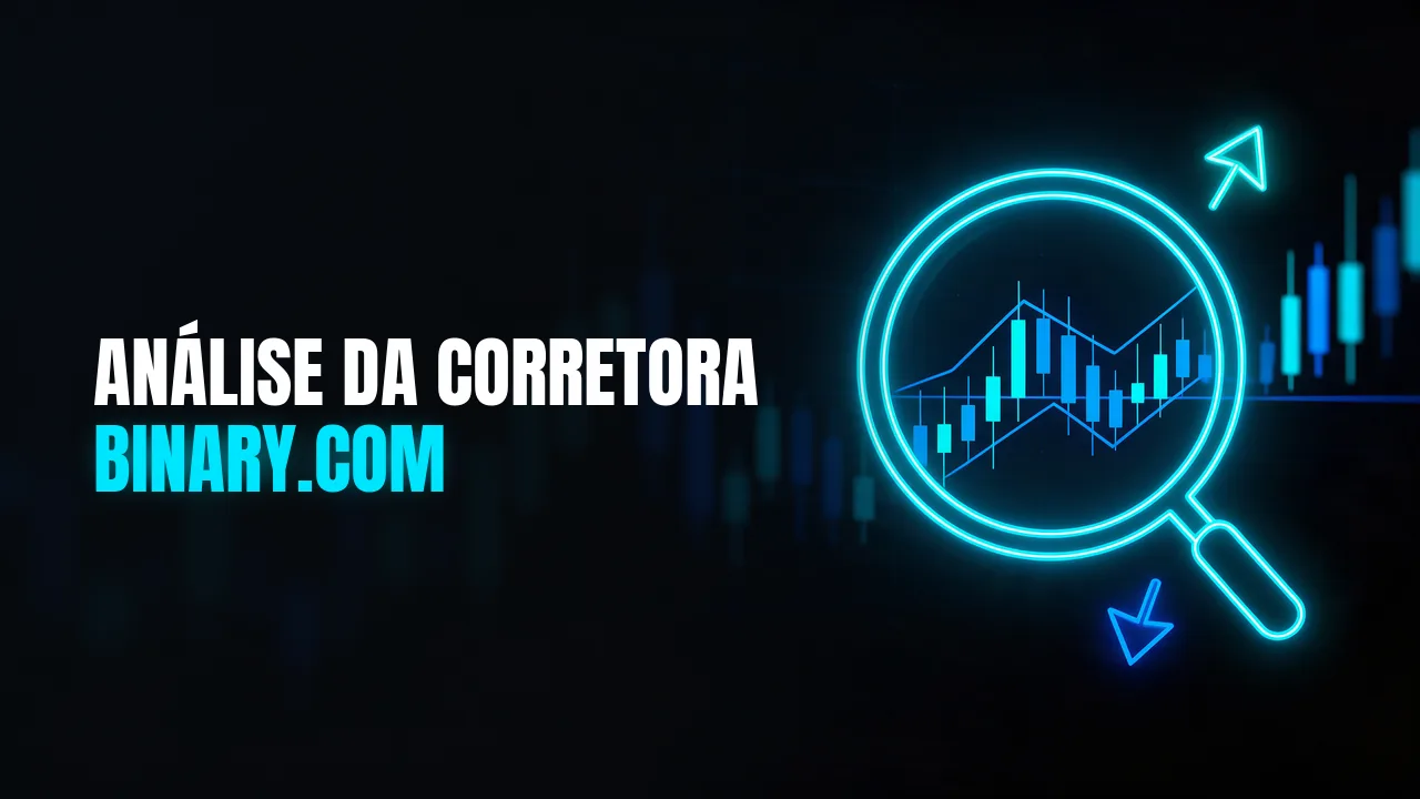 Lupa em neon ciano sobre um gráfico de velas com setas de alta e baixa, com o título Análise da corretora Binary.com
