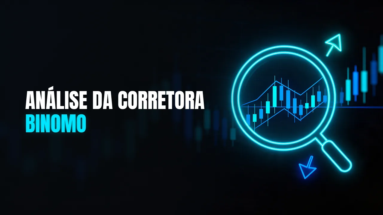 Lupa em neon ciano sobre um gráfico de velas com setas de alta e baixa, com o título Análise da corretora Binomo