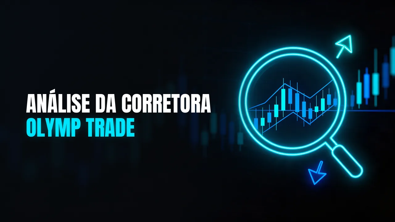 Lupa em neon ciano sobre um gráfico de velas com setas de alta e baixa, com o título Análise da corretora Olymp Trade