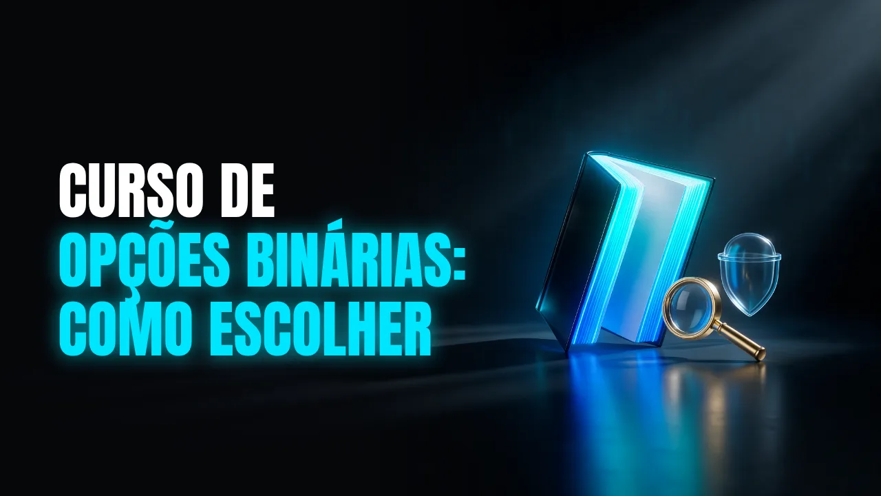 Livro aberto em neon ciano ao lado de um escudo e de uma lupa dourada, com o título Curso de opções binárias: como escolher