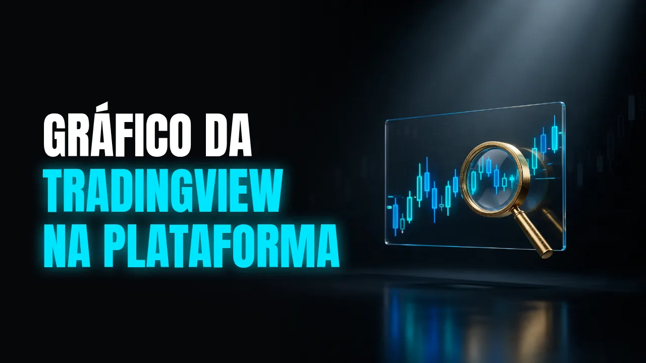 Painel de vidro com gráfico de velas em neon ciano e uma lupa dourada, com o título Gráfico da TradingView na Plataforma