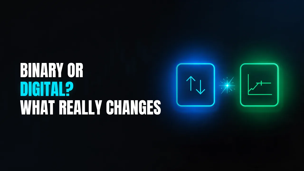 Two neon cards side by side, one with up and down arrows and the other with a chart and a price level, with the title Binary or digital? What really changes