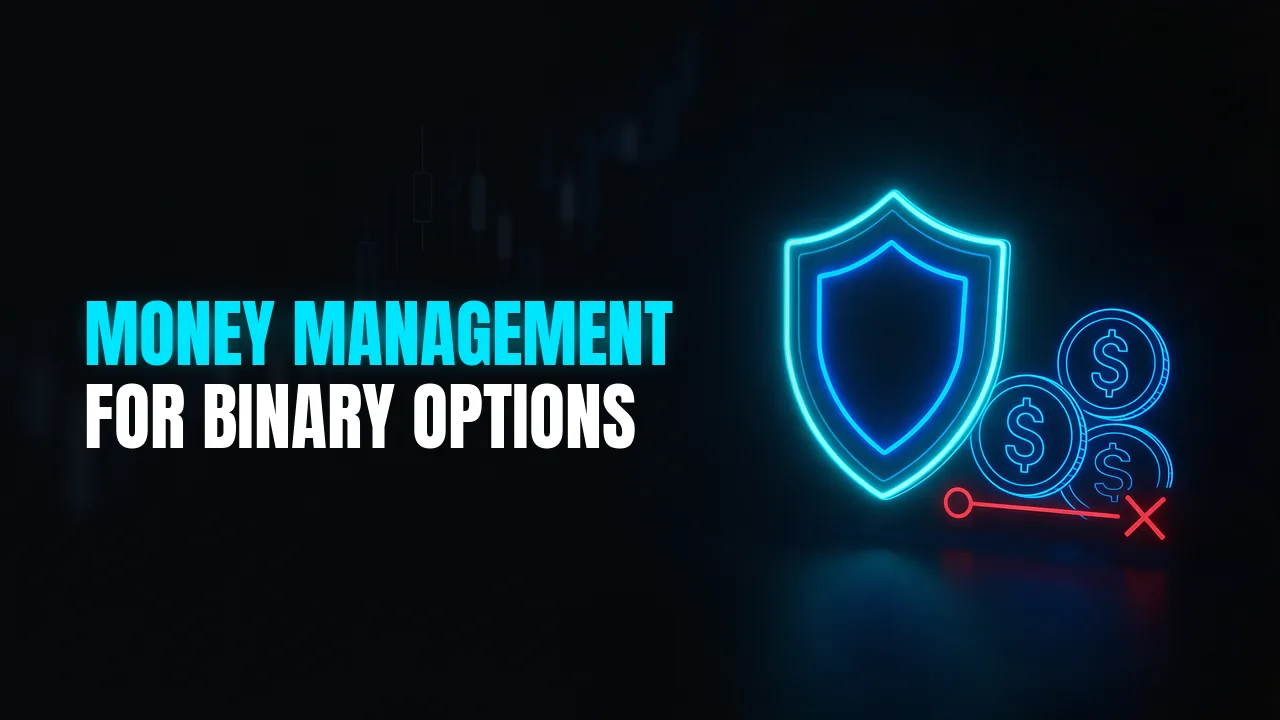 Cyan neon shield next to coins and a red stop line, with the title Money management for binary options